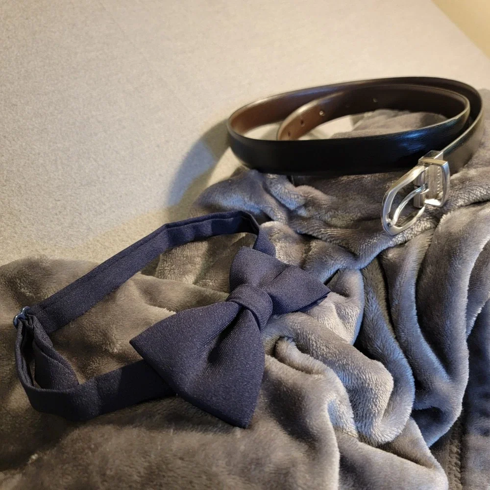 Perry Ellis Belt & Bow Tie Set Mens 32 Black Brown Excellent Reversible Rotating